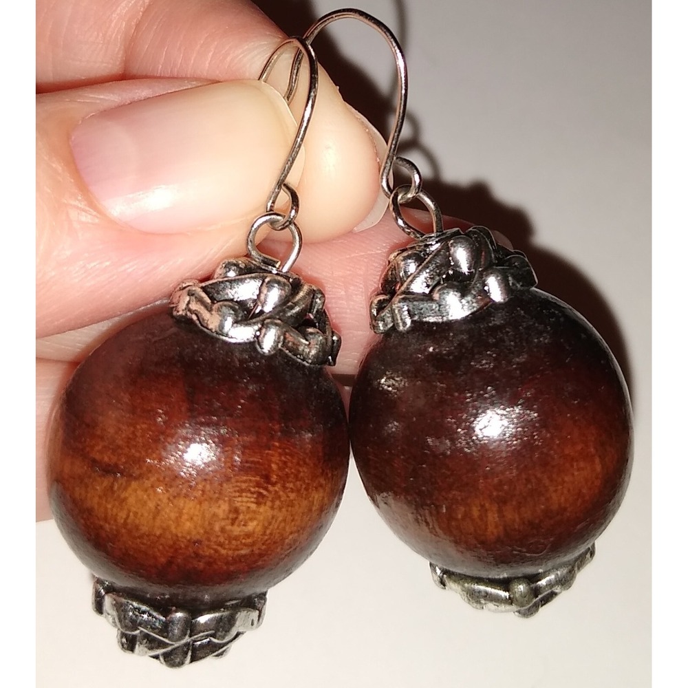 Wood & Silvertone Earrings Dangle 1.16" Vintage